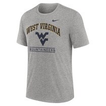 Dark grey heather Nike WVU tee with West Virginia arched over the Flying WV Logo over Mountaineers full front screen print